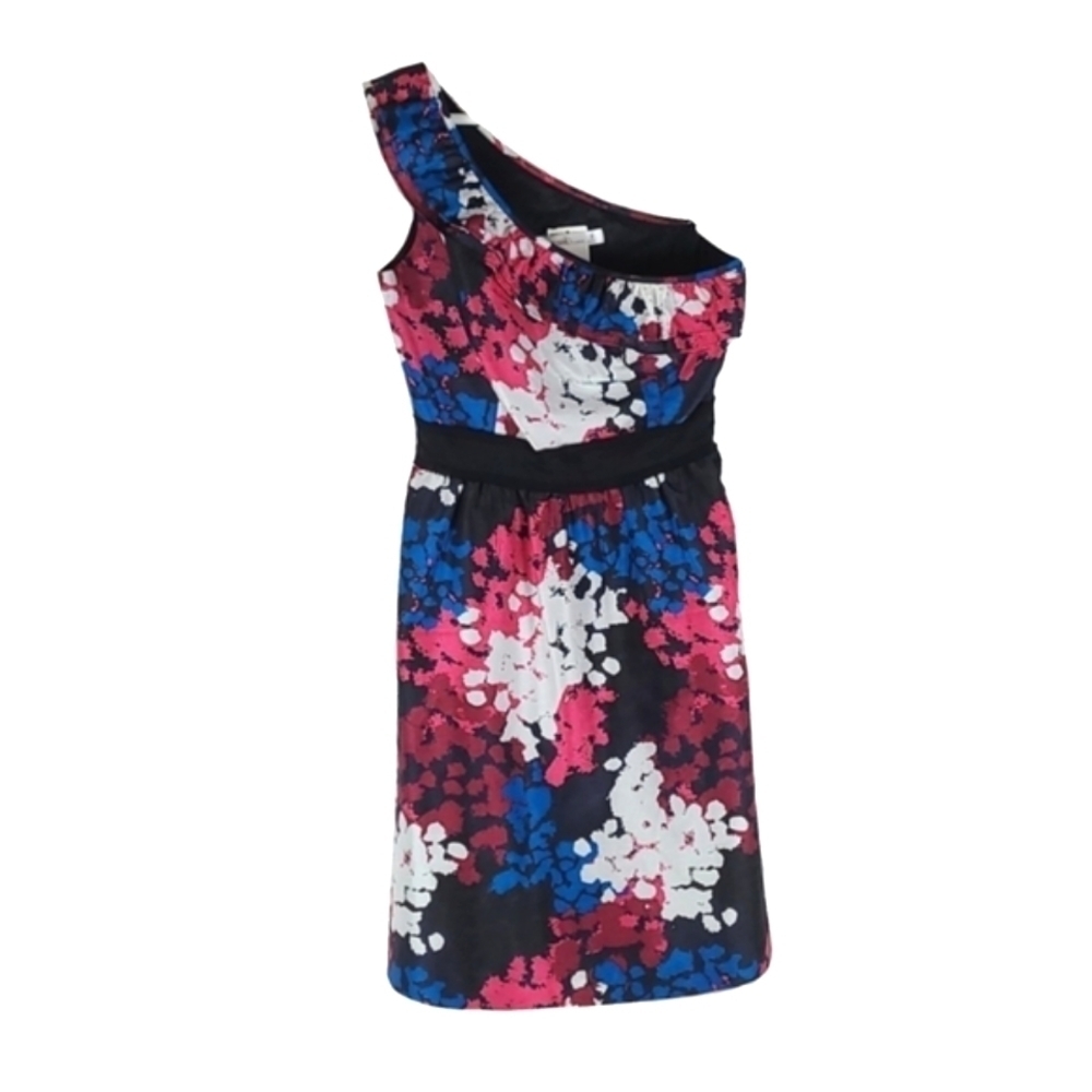 Bold Floral One Shoulder Dress in Pink Blue White Black, Size 4